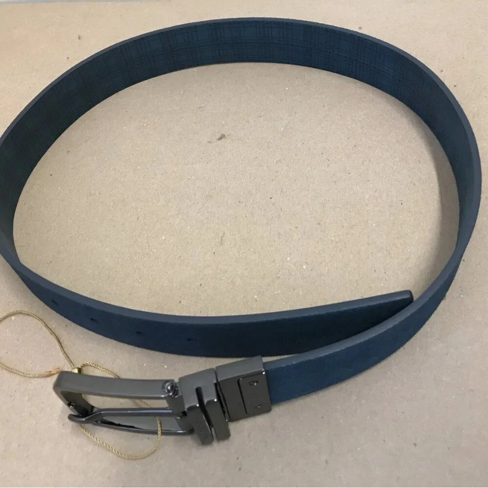 Bruno Magli Men's Blue Tartan Plaid Reversible Leather Belt